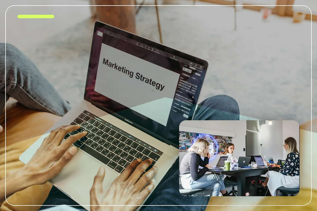 Digital strategy team collaborating in a modern workspace